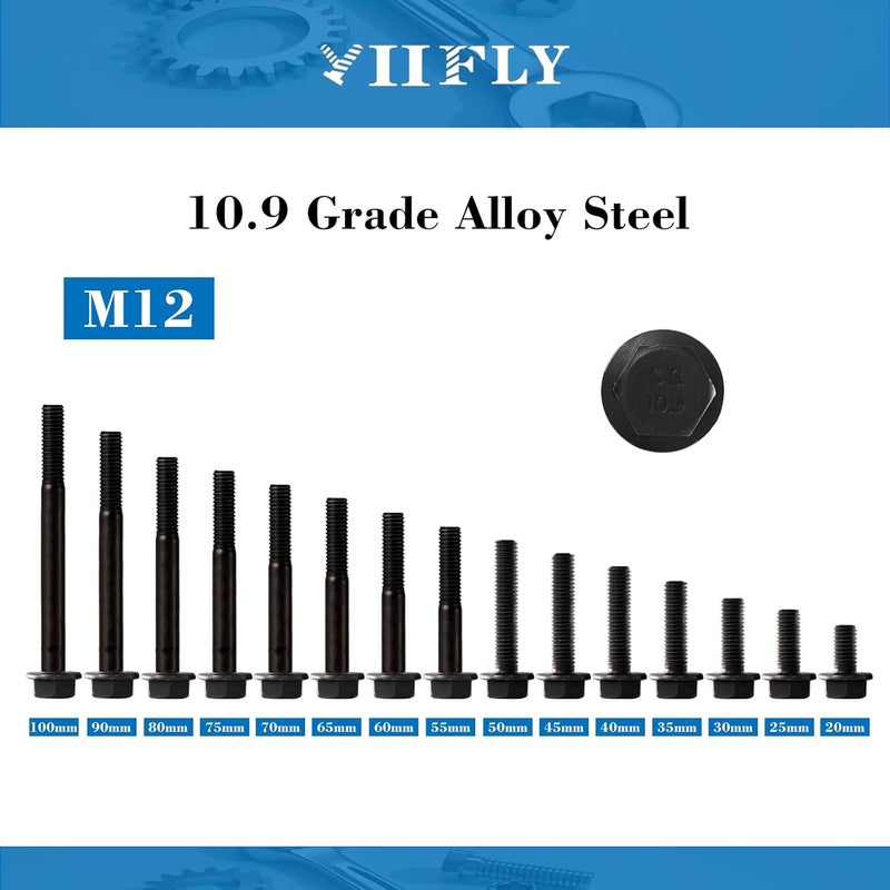 YIIFLY M12 x 40mm Flanged Hex Head Bolts Flange Hexagon Screws, M12x1.75 Bolt, 10.9 Grade Alloy Steel, Hexagon Head Bolts, Black Zinc Finish, Full Thread, Quantity 5 - Image 3